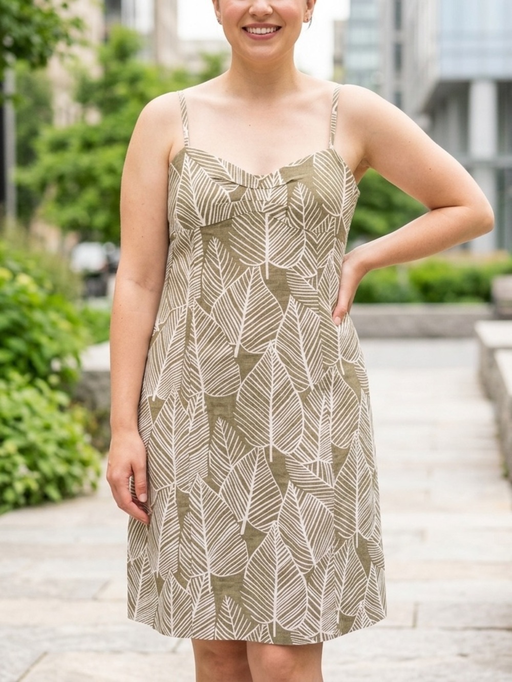 Boden Linen Tropical Leaf Print Cami Knee Length Dress Brown Earthy Summer 12R